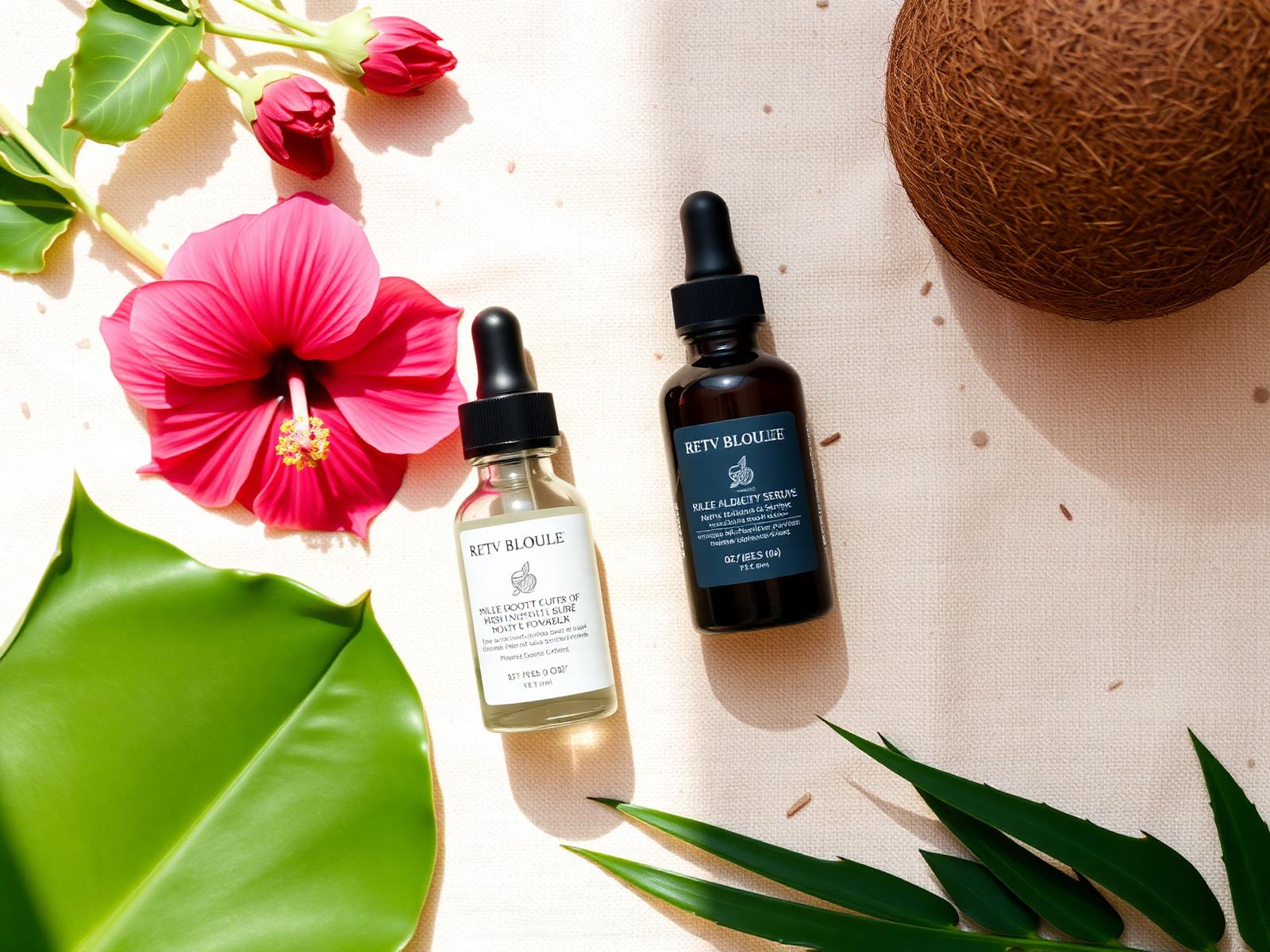 Tropical botanical skincare flat lay